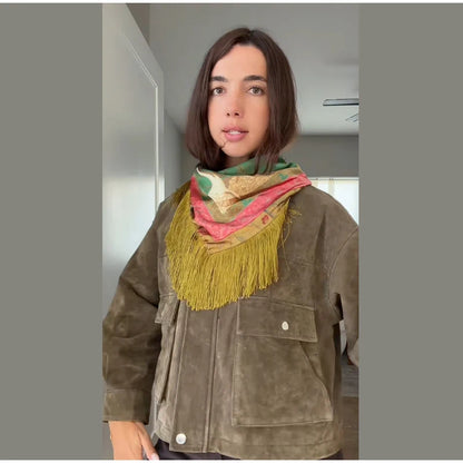 Tassel Floral Women ’s Scarf Large Square Silky Satin Scarf With Olive Fringe Trim Scarf Female 2026 Spring Woman Accessory
