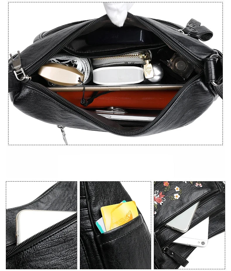 Embroidery Flowers Shoulder Messenger Bag Female Handbags Luxury Designer Purses Soft PU Leather Crossbody Women's Evening Bag