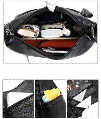 Embroidery Flowers Shoulder Messenger Bag Female Handbags Luxury Designer Purses Soft PU Leather Crossbody Women's Evening Bag