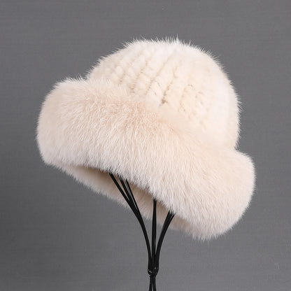 Women's Winter Warm Genuine Premuim Mink Fur Knitted Bucket Hat Furry Real Fur Caps Big Fox Fur Trim Brim Adjustable