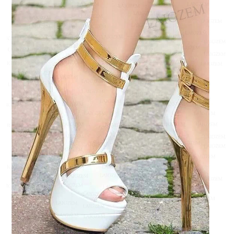 BERZIMER Women Platform Sandals Peep Toe Back Zip Up Thin High Heels Pumps Prom Ladies Sweet Shoes Woman Large Size 41 43 45 52