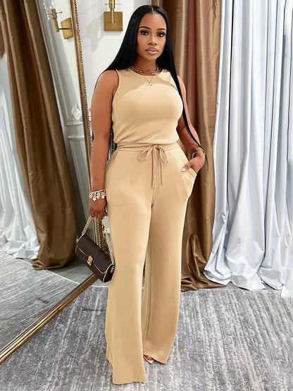 Solid Casual Jumpsuit for Women Sleeveless Drawstring High Waist One Pieces Rompers and Jumpsuits Summer Outfits Combinaison