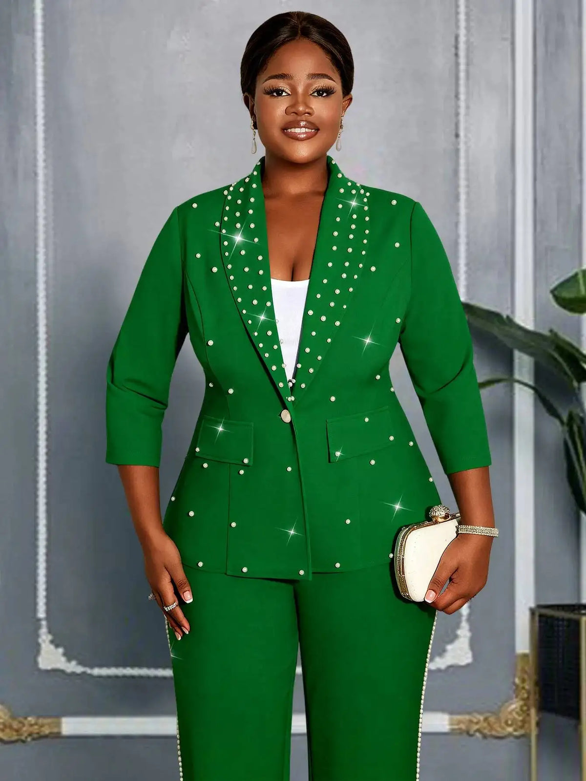 Plus Size Women's Green Beaded Blazer Suit Three-quarter Sleeve Top + Wide-leg Pants Elegant Two-piece Set Casual Y2K Two Piece