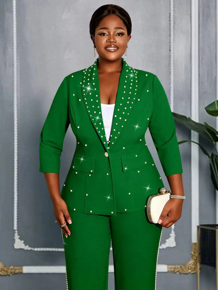 Plus Size Women's Green Beaded Blazer Suit Three-quarter Sleeve Top + Wide-leg Pants Elegant Two-piece Set Casual Y2K Two Piece