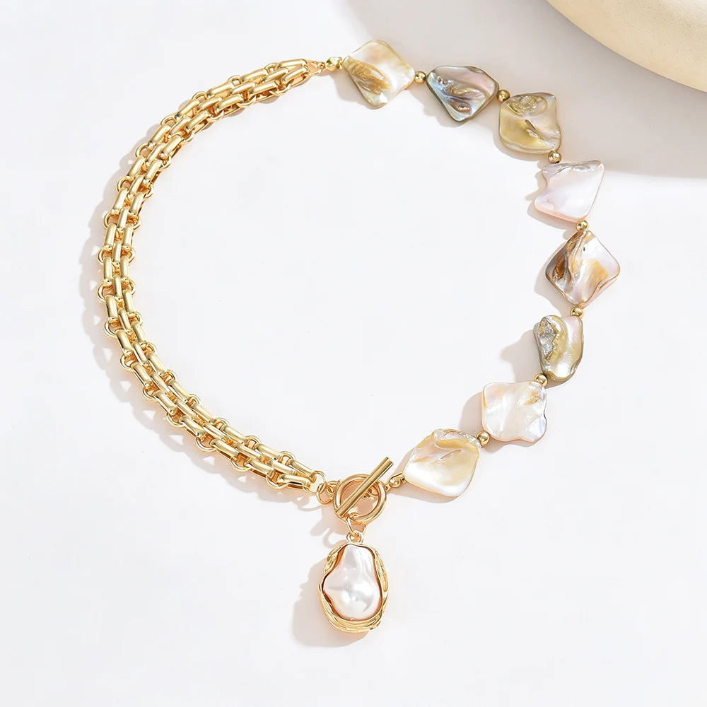 Boho Baroque Pearl Choker Necklace Asymmetric Cuban Link Chain Toggle Clasp Statement Summer Beach Jewelry Gift