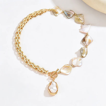 Boho Baroque Pearl Choker Necklace Asymmetric Cuban Link Chain Toggle Clasp Statement Summer Beach Jewelry Gift