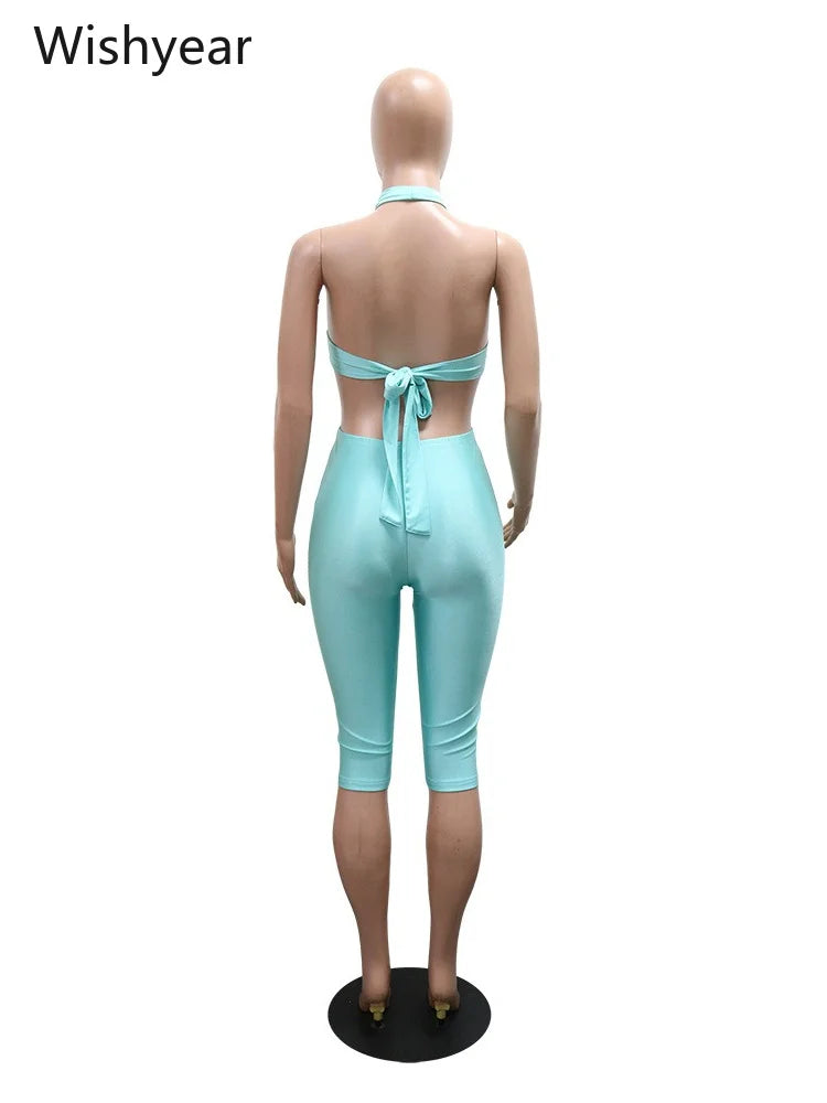 Women Turquoise Halter Neck Jumpsuit Cutout Front Sleeveless High Waist Bodycon Capri Pants Metal Ring Party Club Beach Outfit