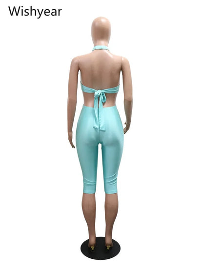 Women Turquoise Halter Neck Jumpsuit Cutout Front Sleeveless High Waist Bodycon Capri Pants Metal Ring Party Club Beach Outfit