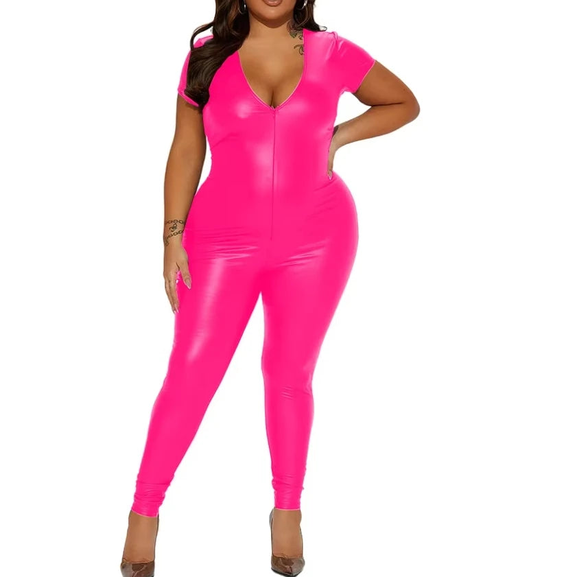 Deep V-neck Women Bodycon Jumpsuits Matte PU Leather Short Sleeve Skinny Zentai Ravely Party Club Stage Performance 8XL