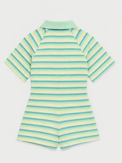FLARORA Trend Stripe Print Rompers Woman Sexy Deep V Neck Short Sleeve Skinny Peach Hip Playsuits Hot Girl Party Club Overalls