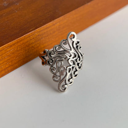 925 Sterling Silver Rings For Women Geometric Fine Jewelry Finger Adjustable Retro Flower Hollow Ring For Party Birthday Gift
