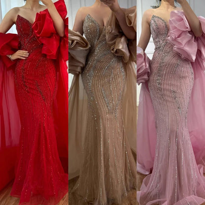SERENE Hill 2026 Luxury Dubai Nude Strapless Mermaid Beaded Evening Dress with Detachable Sleeve Party Gown GLA72896 Customized