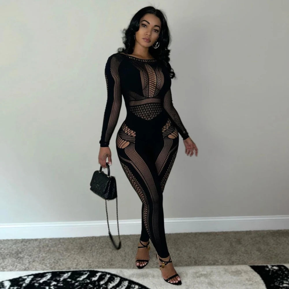 2026 Latest Design Woman Playsuits See Through Mesh Hollow Out Knit Rompers Sexy Clubwear Women's One Piece Bodysuits Jumpsuit