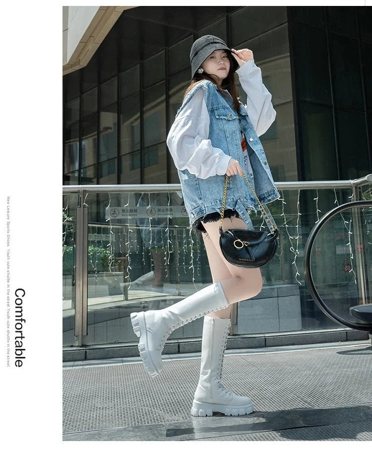 Women's Mid Calf Boots Padded Shoes Knee High Winter Sneakers Punk Style Military Casual White Black 2024 Lucury Platform Woman