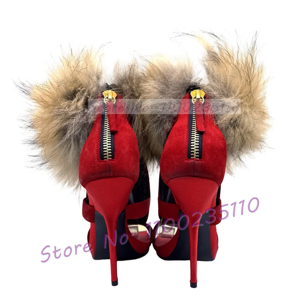 Red Suede Rivets Fur Wrap Sandals With Gold Toe Women Thin High Heel Stylish Novelty Shoes Women Open Toe Back Zipper Sandals