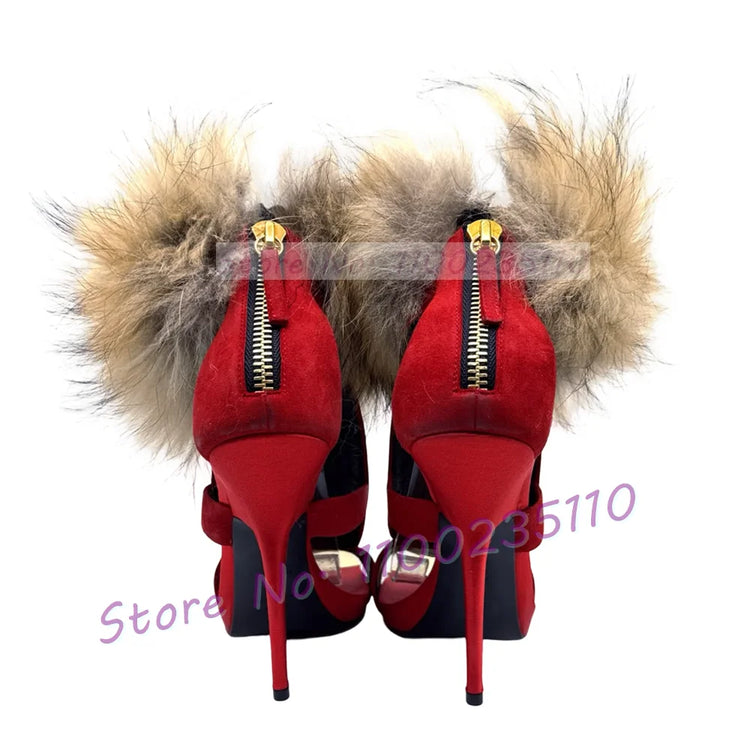 Red Suede Rivets Fur Wrap Sandals With Gold Toe Women Thin High Heel Stylish Novelty Shoes Women Open Toe Back Zipper Sandals