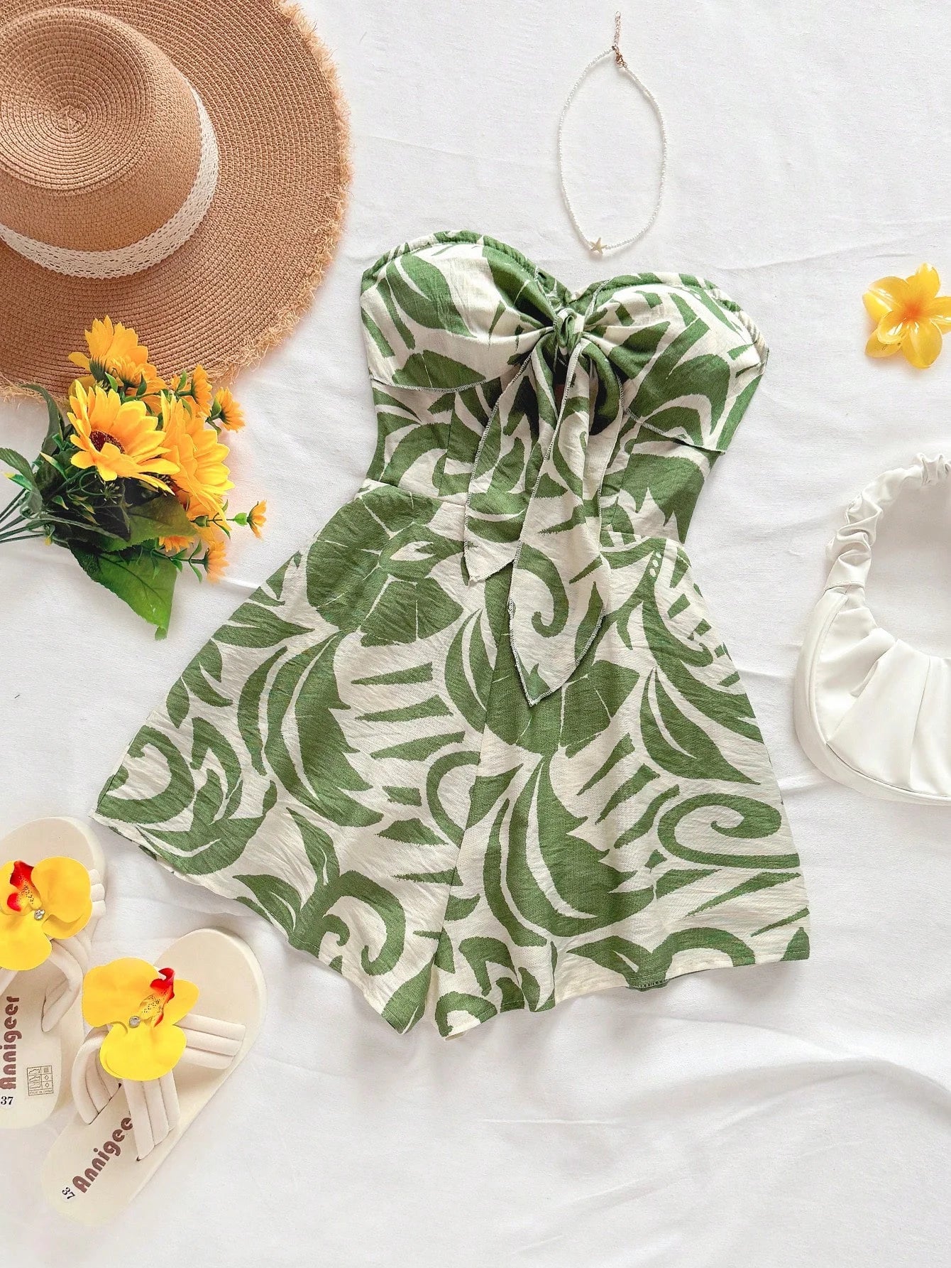 Women's Vacation Spring/Summer Carnival Cruise Party Watercolor Silhouette Printed Lace Up Front Knot Loose Strapless Jumpsuit