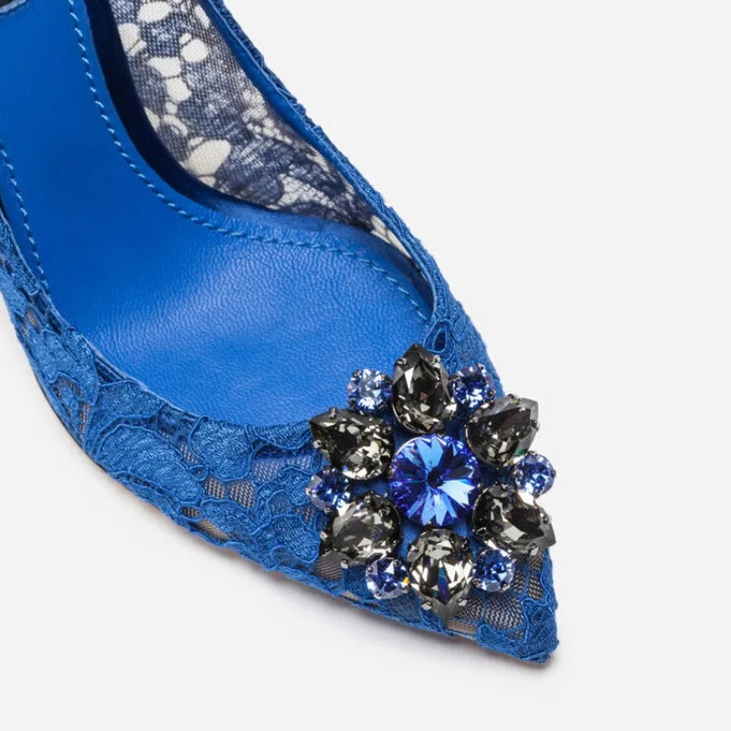 Mesh lace high-heeled shallow mouth shoes 2026 new pointed crystal buckle slim heel fashionable banquet women's single shoes