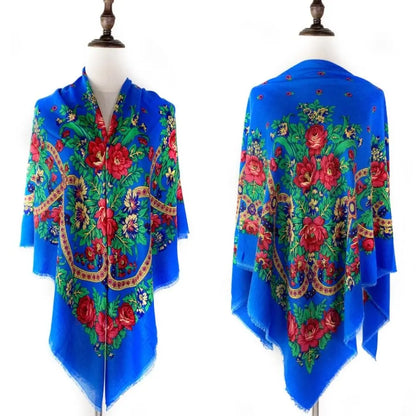 130×130cm Women's Shawl Scarves Thin Luxury Russian National Square Scarf Floral Print Breathable Ethnic Shawl Bandana Summer