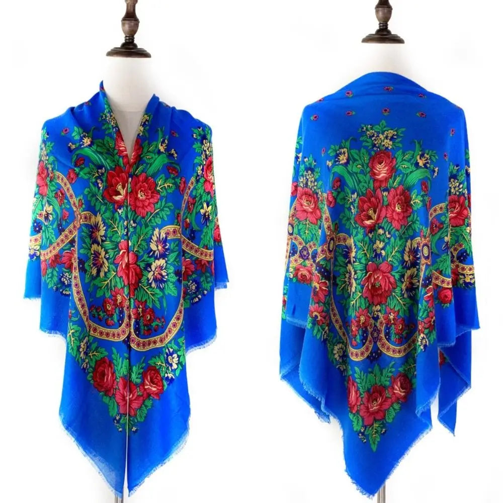 130×130cm Women's Shawl Scarves Thin Luxury Russian National Square Scarf Floral Print Breathable Ethnic Shawl Bandana Summer