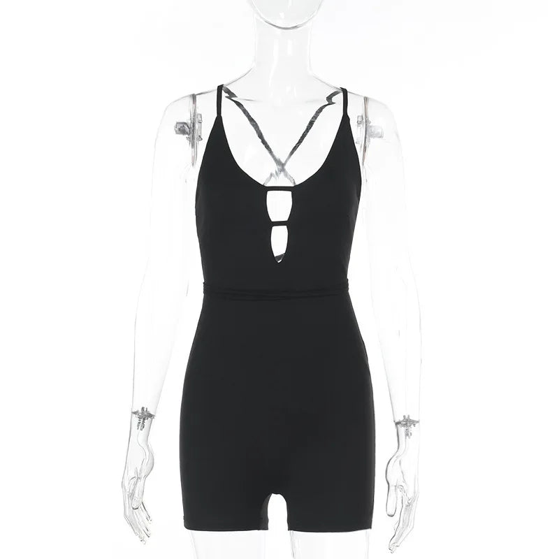 Sibybo Basics Solid Color Tight Playsuit Women Summer Sleeveless Hollow Out Backless Slim Romper Streetwear Sexy Shorts Jumpsuit