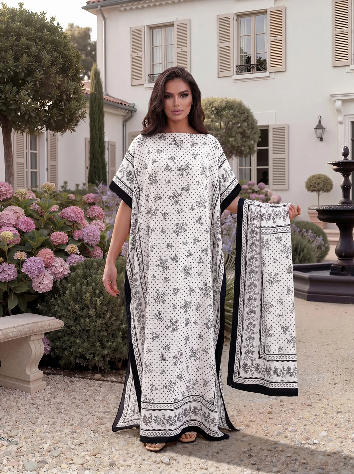 Boho Floral Polka Dot Print Satin Abaya Scarf Set, Loose Batwing Maxi Kaftan For Muslim Women Summer Beach Daily Holiday Wear