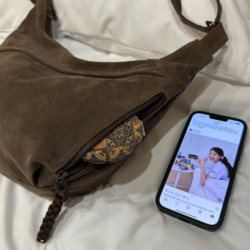 Retro Crossbody Messenger Bags For Women Faux Suede Pure Color Big Capacity Shoulder Hobo Bag 2025 Winter Latest Ladies Handbags
