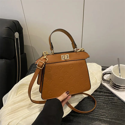 Fashion Embossed Top Handle Bags for Women,Metal Turn Lock Handbag, Adjustable Crossbody Strap,versatile Purse for Daily Outings