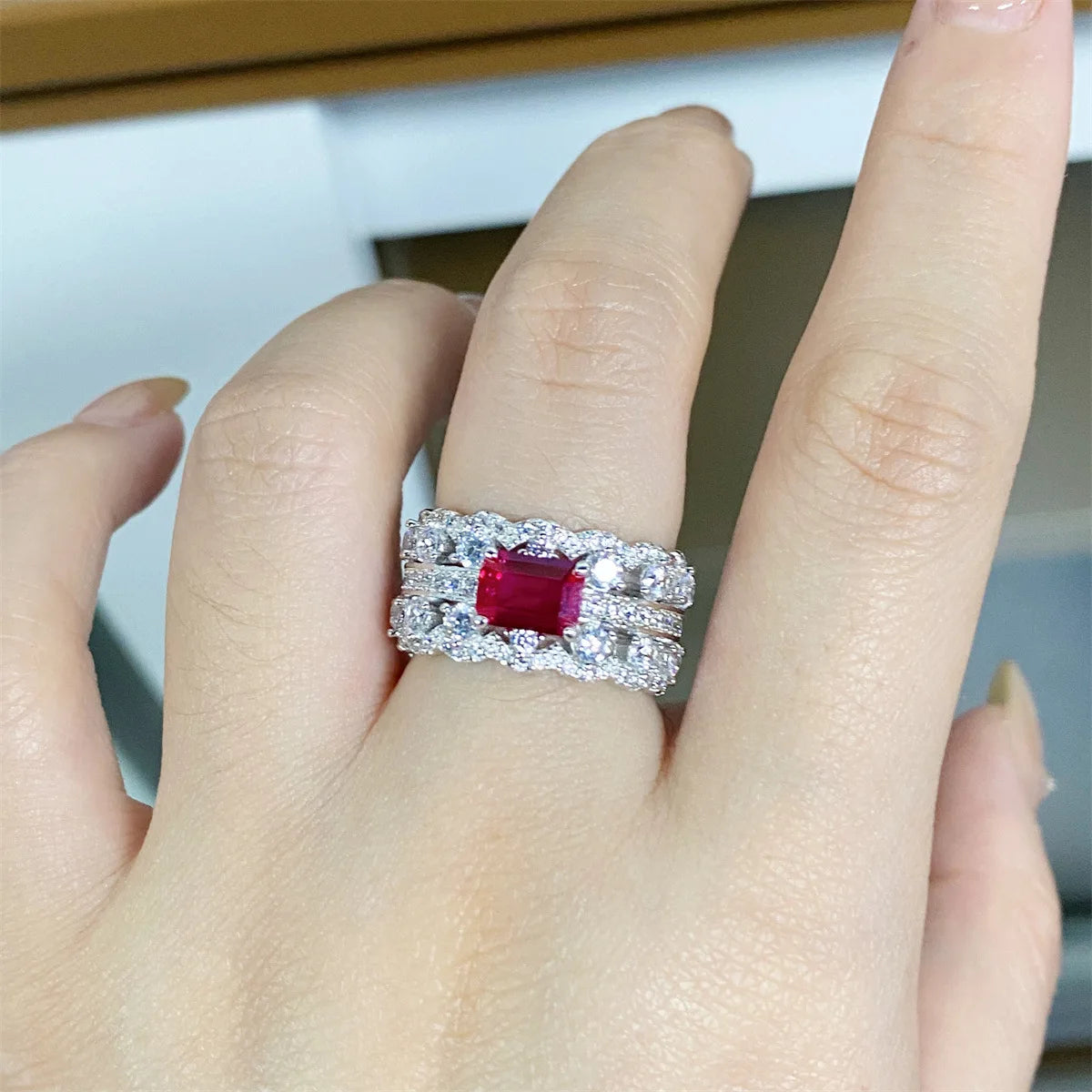 High-end women's 18K white gold and platinum PT950 lace ring women's ruby   red corundum emerald cut diamond ring