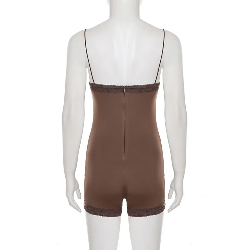 SUCHCUTE Sexy Lace Patchwork Strapless Jumpsuit Women Brown Rompers Y2k Casual Bodysuits Vintage One-piece Suit Summer Aesthetic