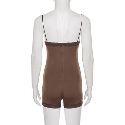 SUCHCUTE Sexy Lace Patchwork Strapless Jumpsuit Women Brown Rompers Y2k Casual Bodysuits Vintage One-piece Suit Summer Aesthetic