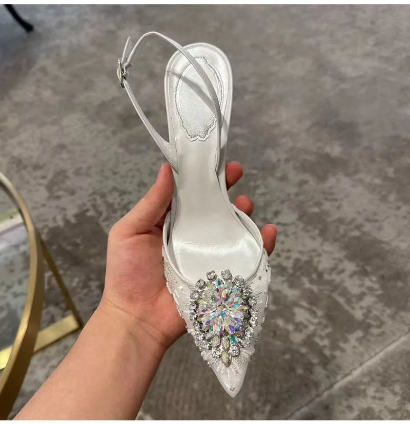 Luxury Diamond Pearls Lace Mesh Women Pumps Elegant Pointed toe Thin High heels Fashion Summer Slingbacks Wedding Party Shoes