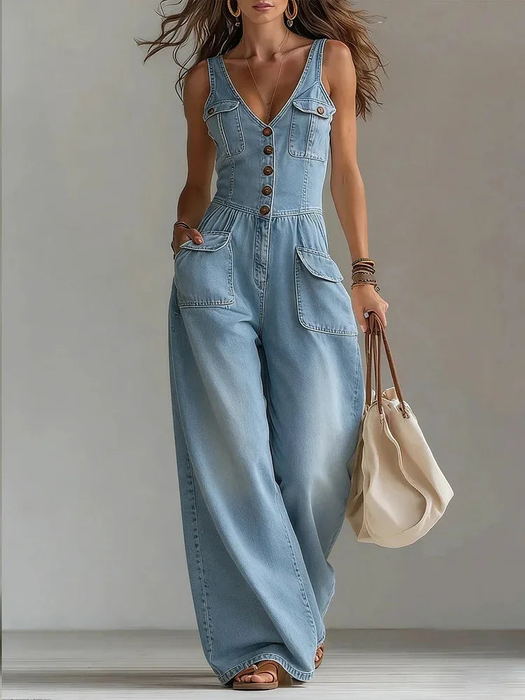 Sexy V Neck Button Denim Jumpsuit Elegant Solid High Waist Woman Romper 2026 Spring Summer Sleeveless Vacation Beach Overalls
