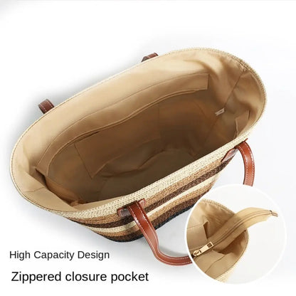 Fashion Straw Tote Bag Stripe Large Capacity Woven Shoulder Bag Square Zipper Woven Hat Vacation Top-Handle Bags
