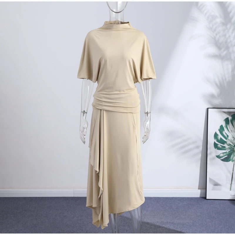 Fashion Elegant Casual Top Skirt Sets High Neck Loose Crop Shirt Irregular Pleated Hem Long Skirt 2026 New Lady Commuter Outfits
