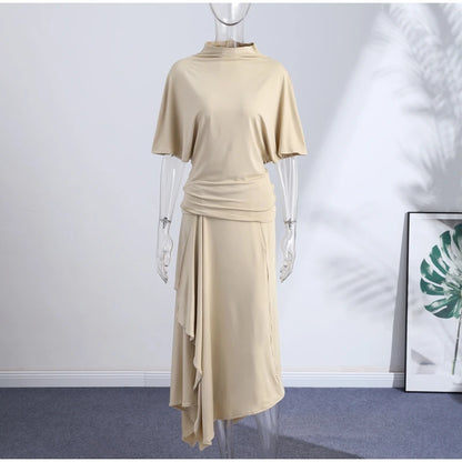 Fashion Elegant Casual Top Skirt Sets High Neck Loose Crop Shirt Irregular Pleated Hem Long Skirt 2026 New Lady Commuter Outfits