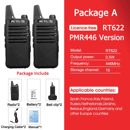 Retevis RT622/RT22 2 pcs Mini Walkie Talkie License Free PMR/FRS Two Way Radio VOX Type-C Portable for Hotel Restaurant Camping