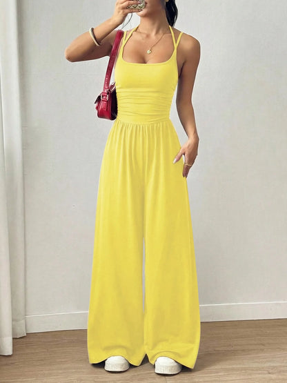 Women Halter Spaghetti Strap Jumpsuits Summer Casual Elastic High Waist Backless Wide Leg Long Pants Romper Club Party Overalls