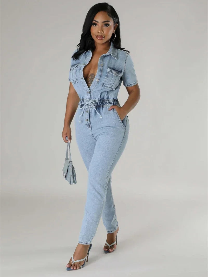 Fashion Denim Jumpsuit Summer Clothes Women 2026 Short Sleeve Button Up Pencil Jeans Rompers Playsuits One Piece Overalls Outfit