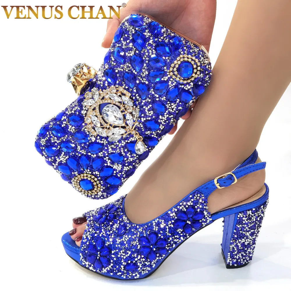 Summer Italian Latest Design Ladies Luxury Rhinestone High Heel Shoes and Bag Set To Go To Wedding Christmas Party Wear