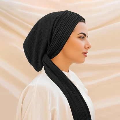 2026 New Solid Color Turban Hijab Hats Long Tail Head Wraps Elastic Muslim Hats Breathable Chemo Cap For Women Girls