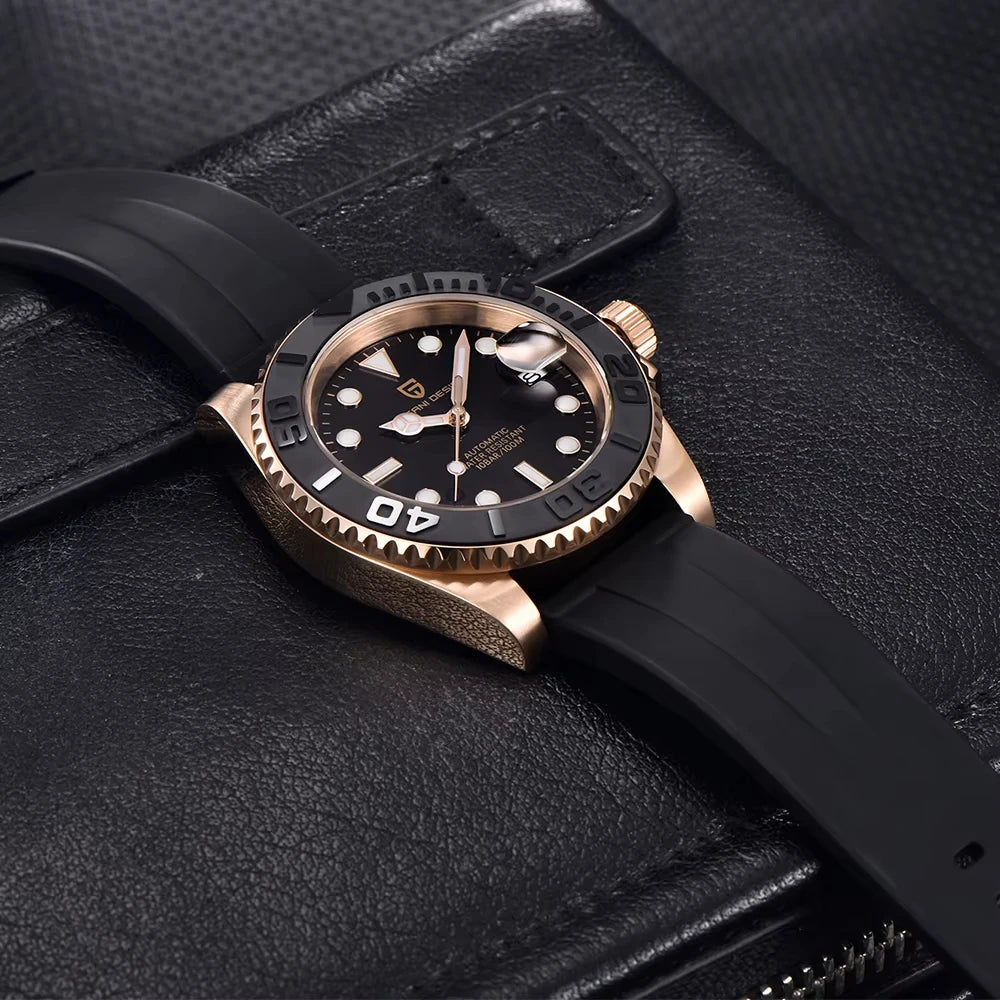 Hot Top PAGANI DESIGN Men Automatic Mechanical Watch Rose Gold Case Black Rubber Strap Dive Watch Sapphire Glass 100M Waterproof Luminous Date Sport Mens Wristwatch Relogio Masculino