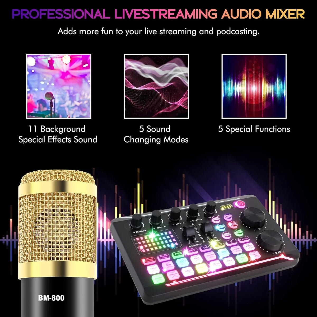 Podcast equipment set, with BM-800microphone (gold)and F998 sound card,podcast equipment forpodcasting,singing, gaming and live streamingstudioequipment