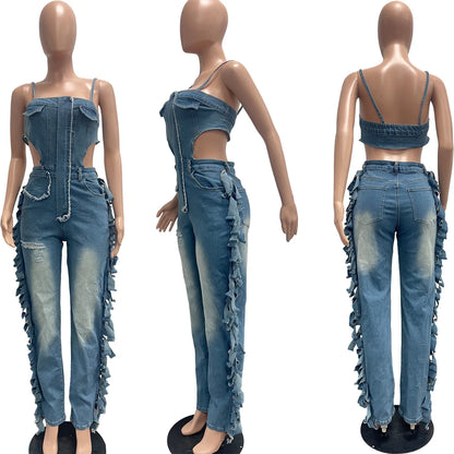 Hollow Out Tassel Jeans Jumpsuit Sexy Women Spaghetti Strap Elegant Streetwear Denim Pencil Overalls Romper
