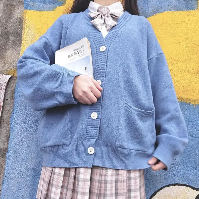 Japan School Sweater Spring Autumn V-neck Cotton Knitted Sweater College Style JK Uniform Cardigan 5 Color Student Girls Cosplay
