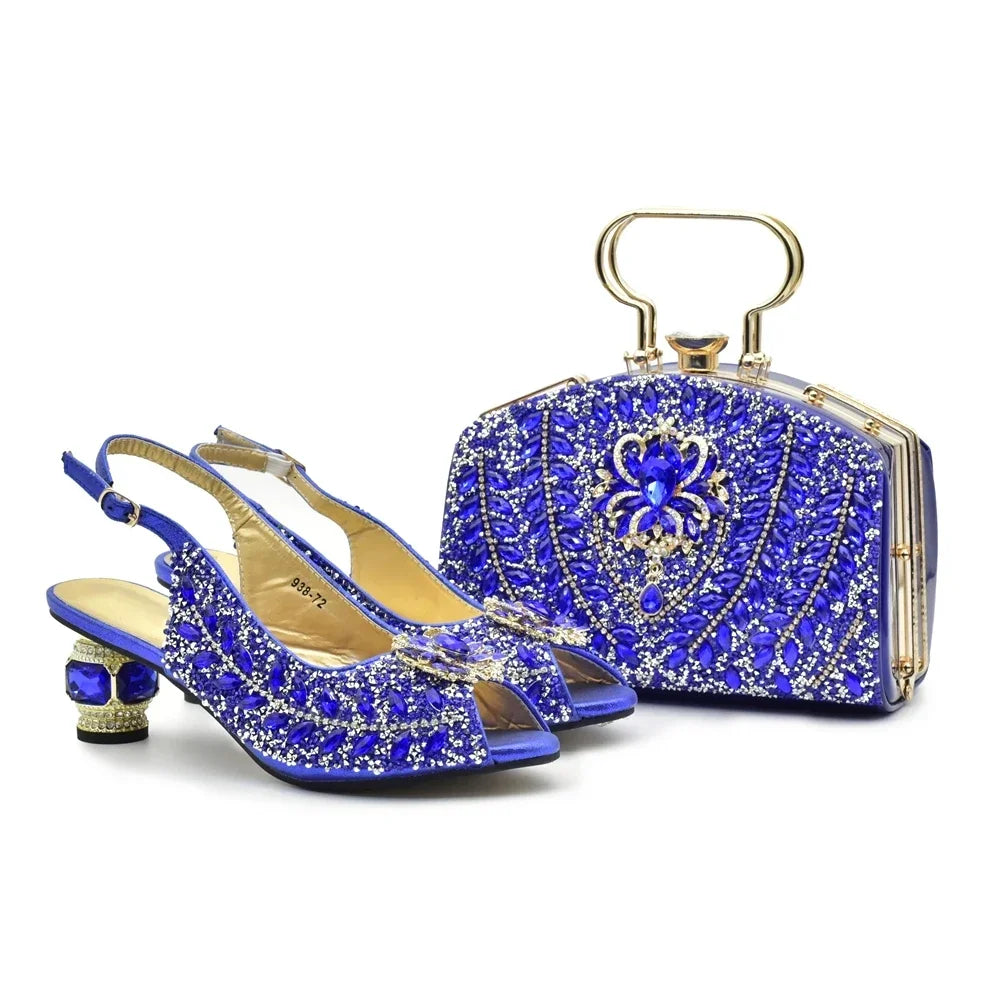 Popularity Peep Toe Heels for Women 2025 Elegant Party Full Diamond Pumps Italian Shoes and Bags Matching Set Bridal Shoes