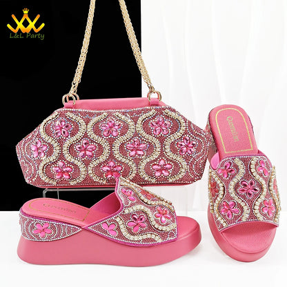 Purple Color High Quality Elegant Retro Design Nigerian Women Ladies Shoes and Bag Set with Platform Comfortable Slipper