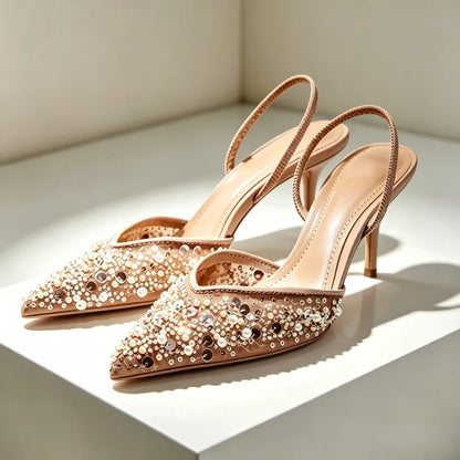 Luxury Designer Bling String Bead Mesh High Heels Women Sexy Pointy Toe Breathable Heeled Sandals Elegant Slingbacks Women Pumps