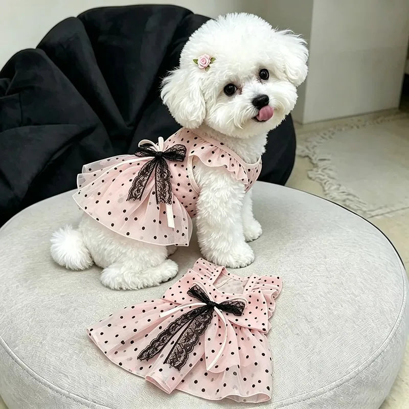 Pink Polka Dot Pet Princess Dress Breathable Sun Protection Sleeveless Tulle Dress with Lace Bow for Small Dogs Cats Pet Clothes