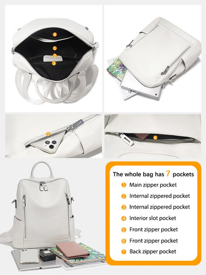 Zency Fashion Genuine Leather Backpack Knapsack Multi-pocket Day Pack Travel Convertible Shoulder Bag for Fall Winter Commuter